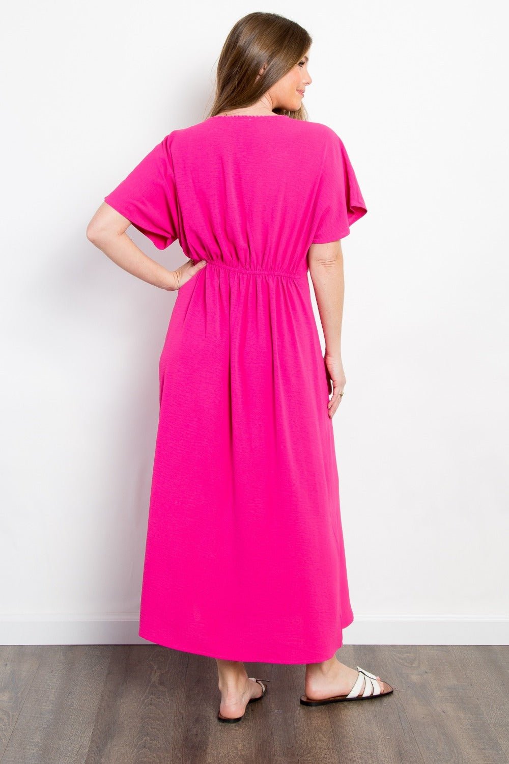 Be Stage Full Size Shirred Front Short Sleeve Maxi Dress - Cowtown Bling N Things