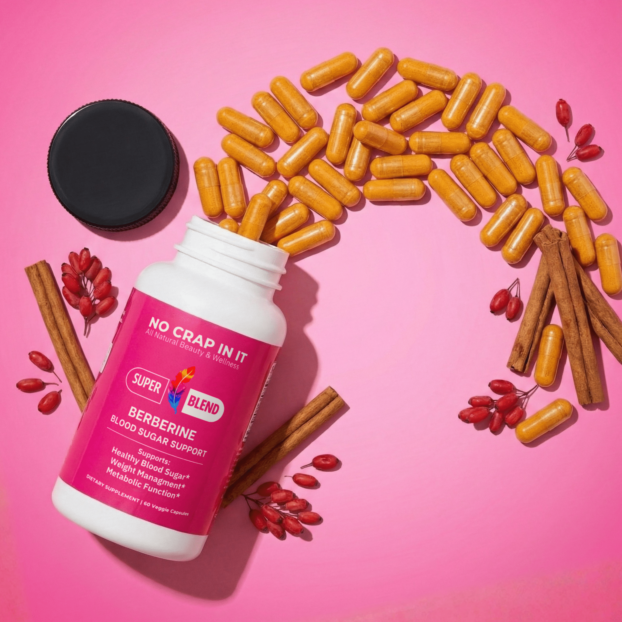 Supplement bottle labeled 'Super Blend Berberine Blood Sugar Support' with capsules and cinnamon on a pink background available at cowtown bling N Things