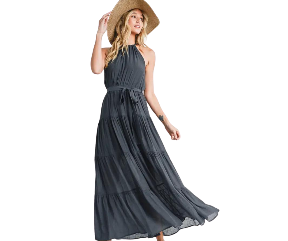 Bluivy Tiered Halter Tie-Waist Maxi Dress