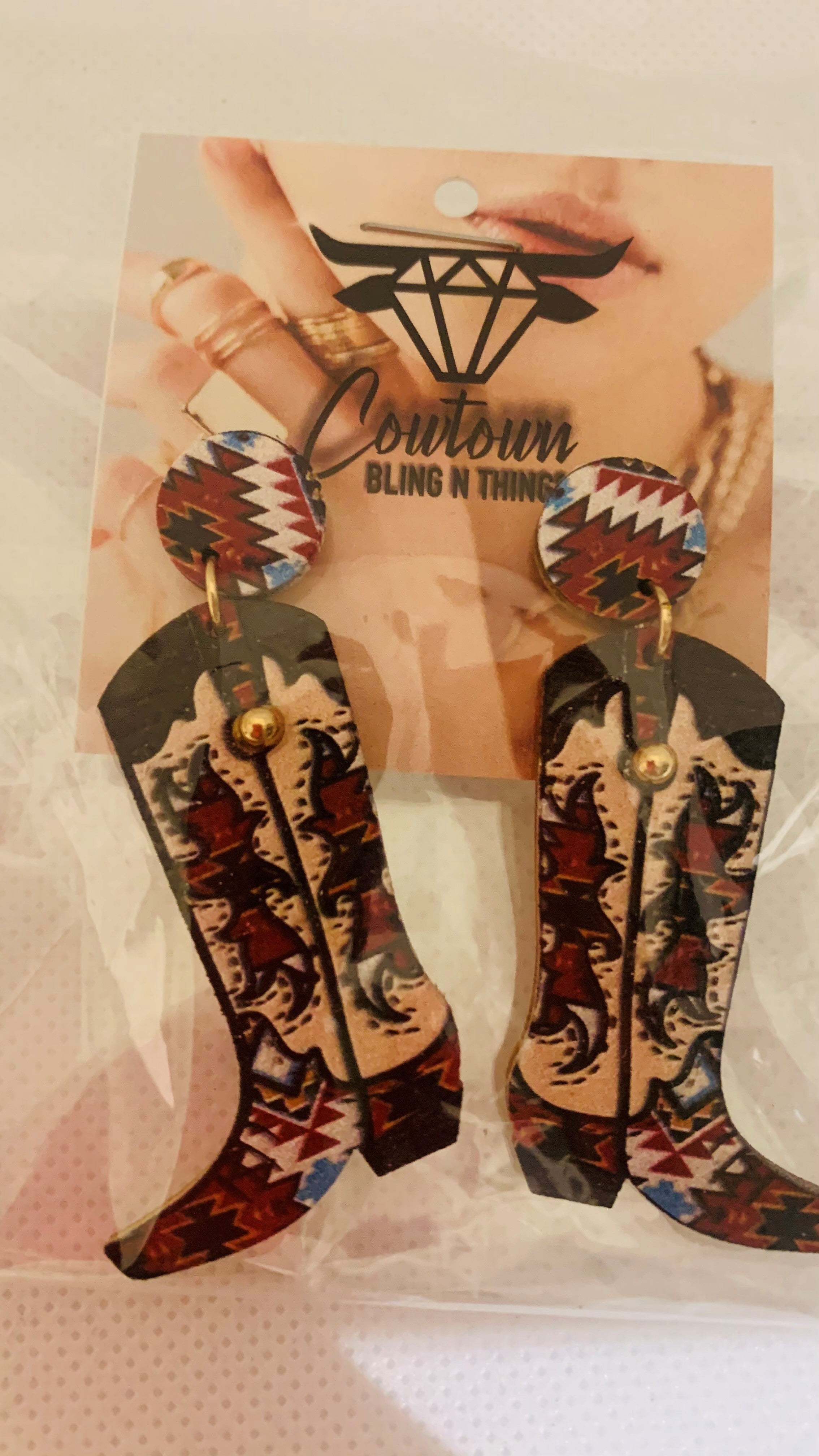 Wooden Boots Western Print Drop Earrings - Cowtown Bling N Things