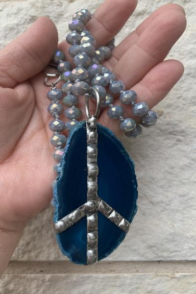 Brazilian Agate Slice Gemstone With Soldered Peace Sign| Crystal Necklace| Made in USA - Cowtown Bling N Things