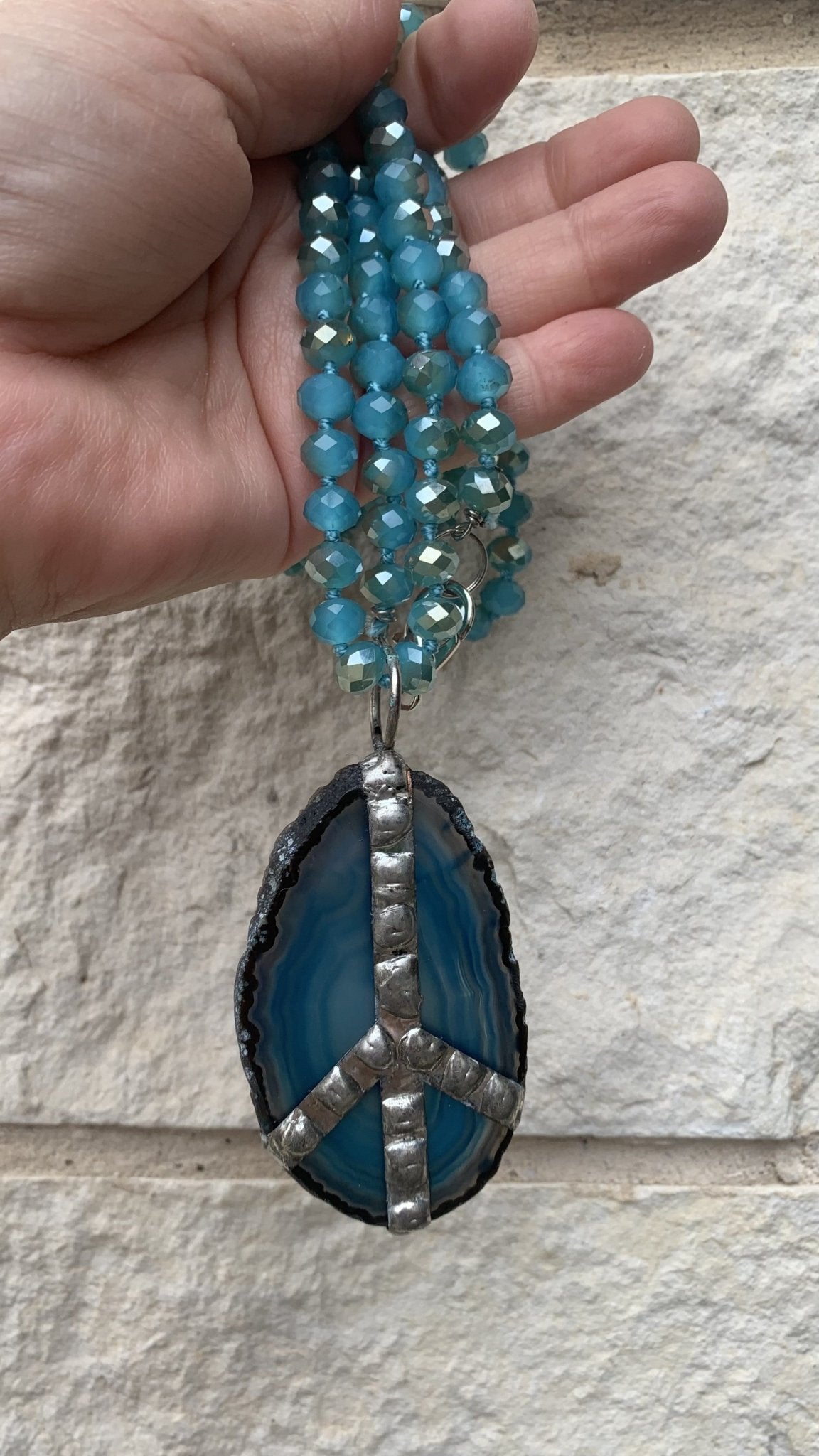 Brazilian Agate Slice Gemstone With Soldered Peace Sign| Crystal Necklace| Made in USA - Cowtown Bling N Things