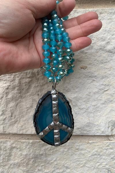 Brazilian Agate Slice Gemstone With Soldered Peace Sign| Crystal Necklace| Made in USA - Cowtown Bling N Things