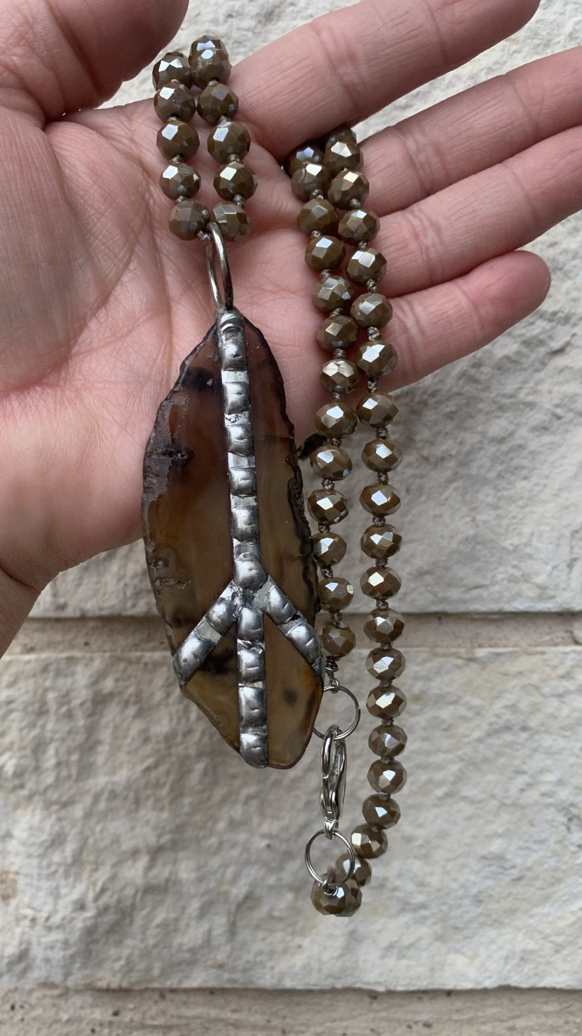 Brazilian Agate Slice Gemstone With Soldered Peace Sign| Crystal Necklace| Made in USA - Cowtown Bling N Things