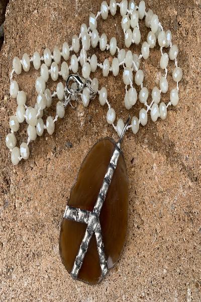 Brazilian Agate Slice Gemstone With Soldered Peace Sign| Crystal Necklace| Made in USA - Cowtown Bling N Things