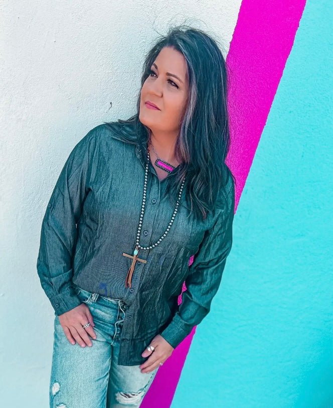 Button Down Chambray Top - Cowtown Bling N Things