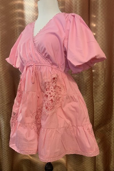 Candy Pink Embroidered Peasant Mini Dress - Lined Easel Dress with Pockets - Cowtown Bling N Things