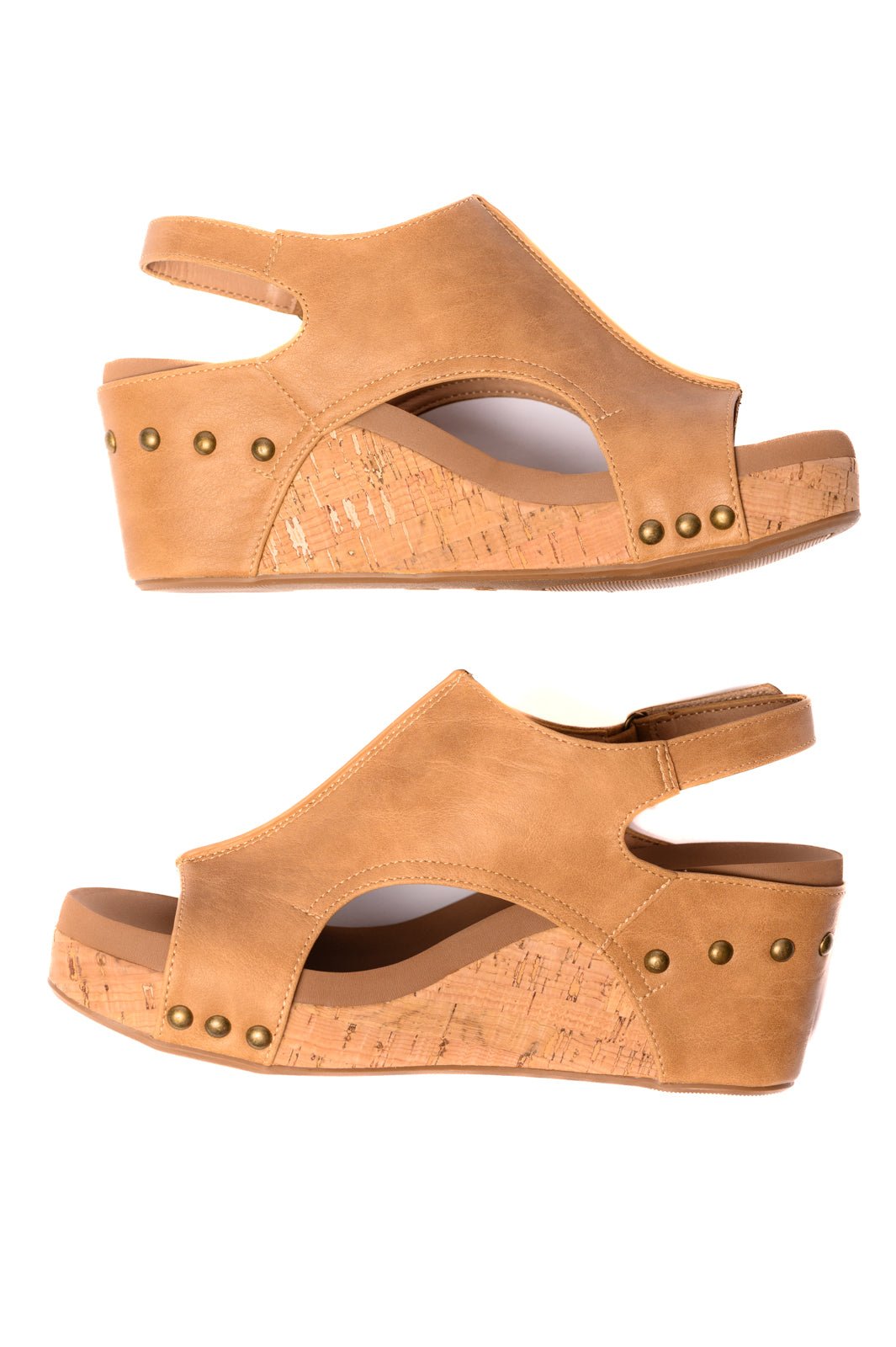 Carley Wedge Sandals – Caramel Faux Leather Cutout Wedges | Cowtown Bling N Things - Cowtown Bling N Things