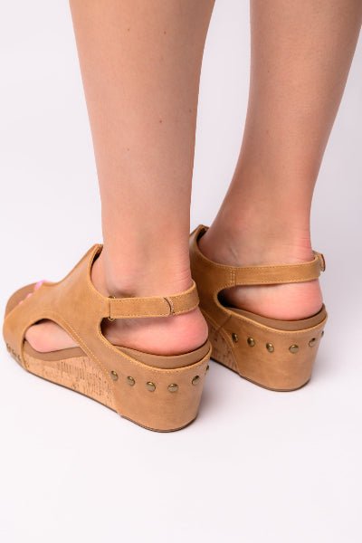 Carley Wedge Sandals – Caramel Faux Leather Cutout Wedges | Cowtown Bling N Things - Cowtown Bling N Things
