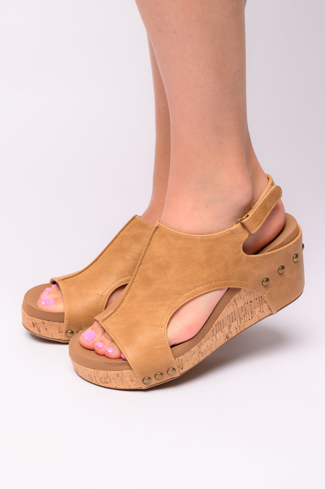 Carley Wedge Sandals – Caramel Faux Leather Cutout Wedges | Cowtown Bling N Things - Cowtown Bling N Things