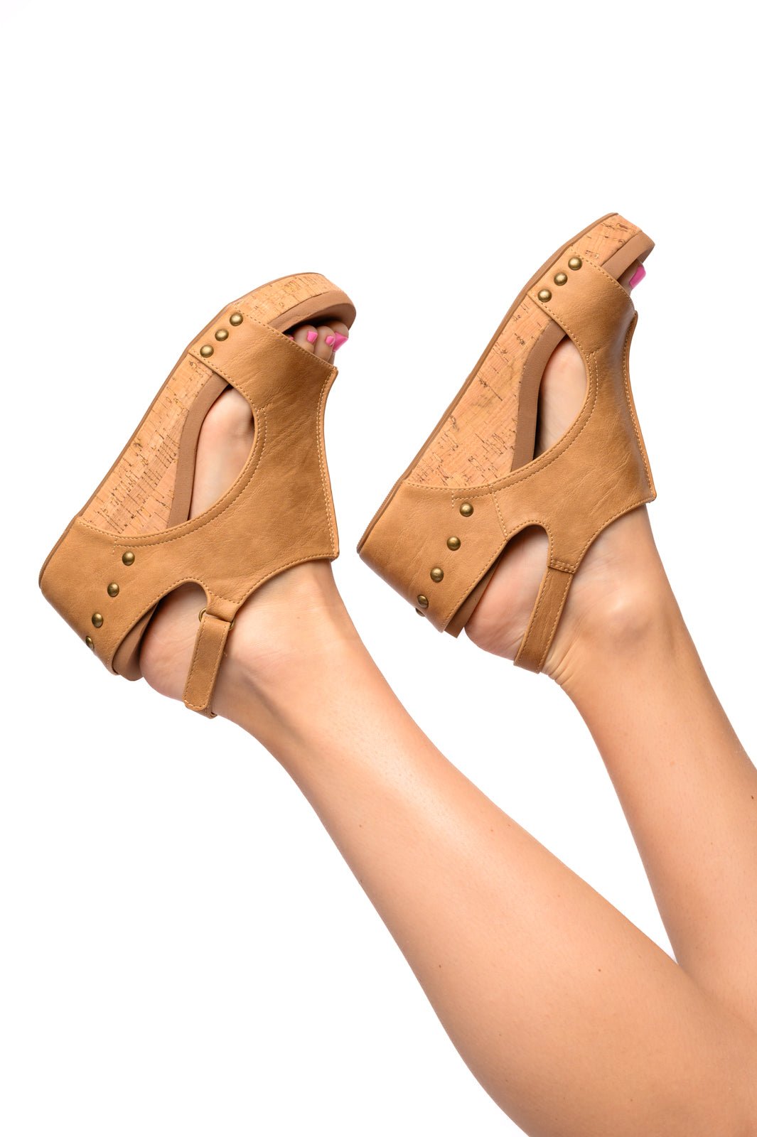 Carley Wedge Sandals – Caramel Faux Leather Cutout Wedges | Cowtown Bling N Things - Cowtown Bling N Things