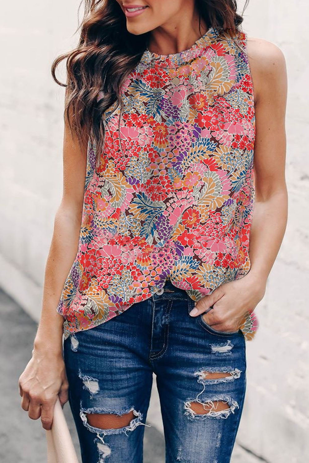 Multicolor Floral Print Smocked Cuffs Long Sleeve Blouse