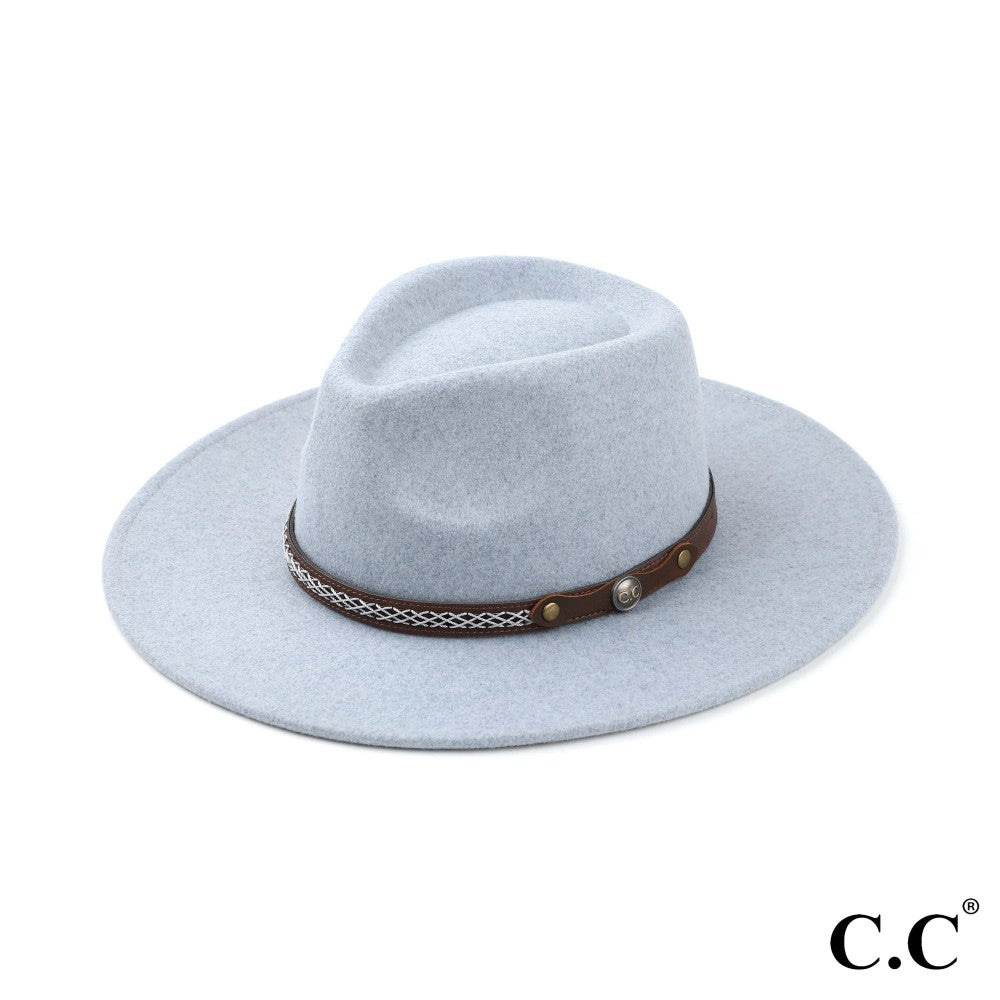 C.C Panama Vegan Felt Hat With Leather Trim And C.C Metal Logo - Cowtown Bling N Things