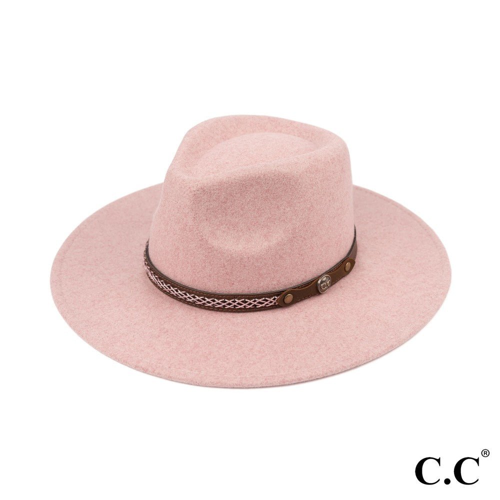 C.C Panama Vegan Felt Hat With Leather Trim And C.C Metal Logo - Cowtown Bling N Things