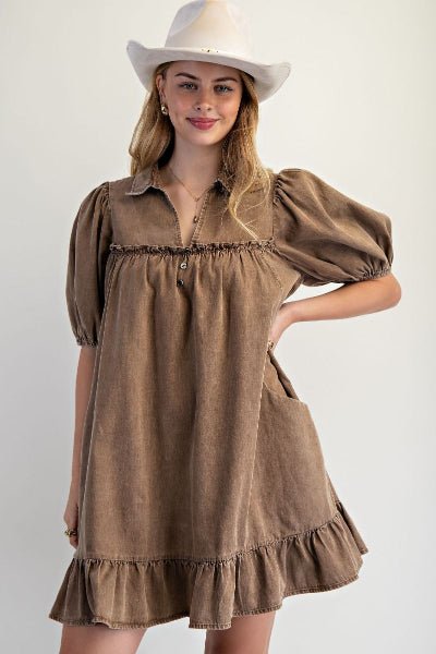 Chambray Ruffle Dress – Puff Sleeve Babydoll Style | Easel - Cowtown Bling N Things
