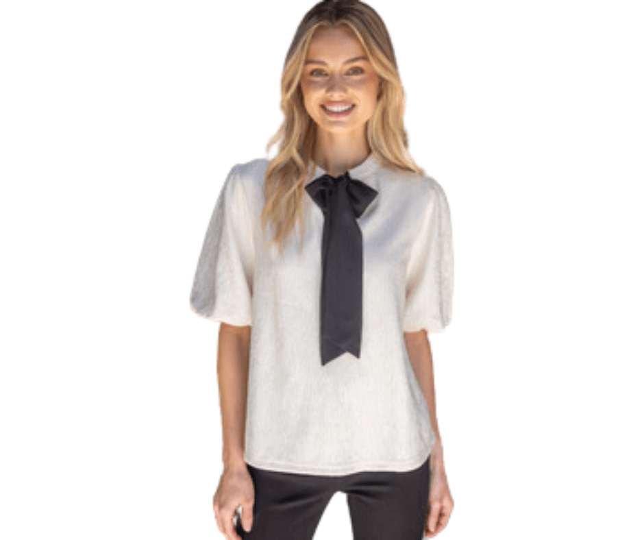 Contrast Ribbon Tie Short Bubble Sleeve Top - Cowtown Bling N Things
