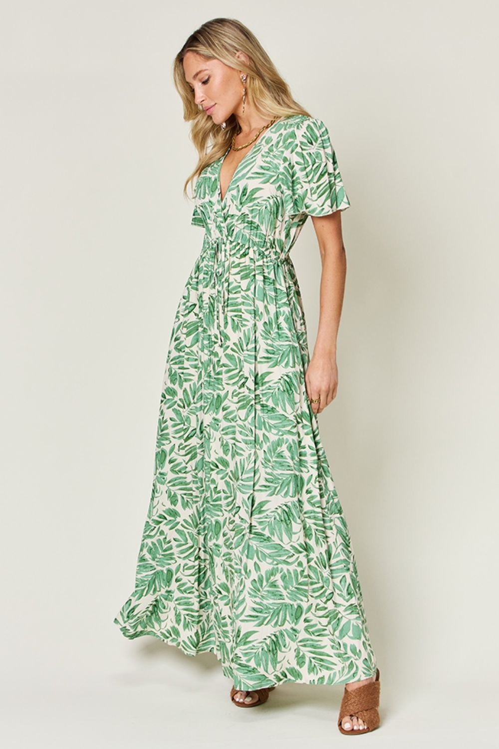 Double Take Full Size Printed Drawstring Short Sleeve Dress - Cowtown Bling N Things
