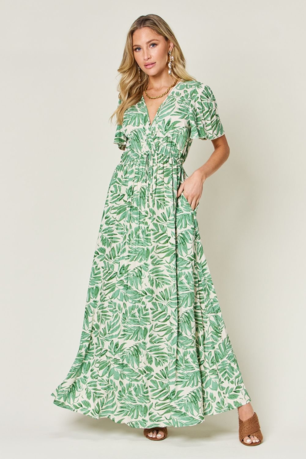 Double Take Full Size Printed Drawstring Short Sleeve Dress - Cowtown Bling N Things
