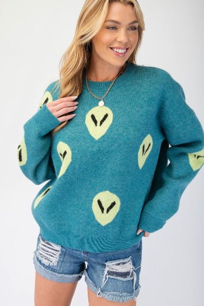 Easel | Alien Pattern| Sweater| Teal | S - L - Cowtown Bling N Things