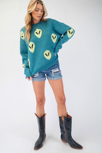 Easel | Alien Pattern| Sweater| Teal | S - L - Cowtown Bling N Things