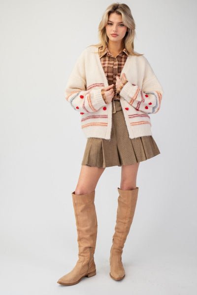Easel Beige Pompom Stripe Knit Sweater Cardigan - Cowtown Bling N Things