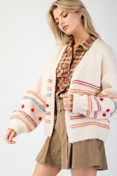 Easel Beige Pompom Stripe Knit Sweater Cardigan - Cowtown Bling N Things