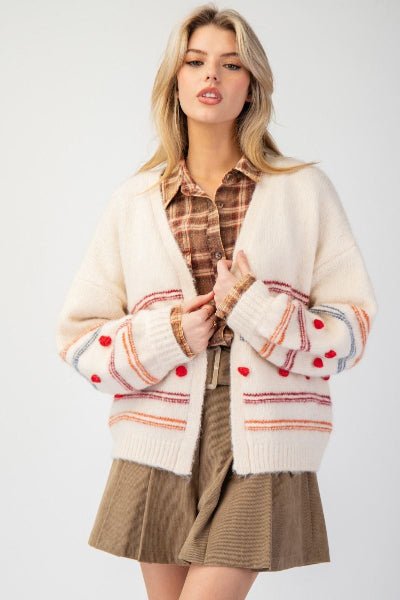 Easel Beige Pompom Stripe Knit Sweater Cardigan - Cowtown Bling N Things