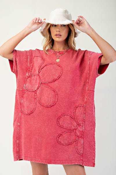 Easel | Daisy Patch Mineral Washed T-Shirt Dress| Boho Red | S - L - Cowtown Bling N Things