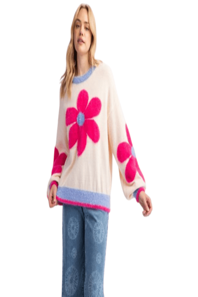 Easel Daisy Pattern Knit Sweater Pullover – Relaxed Fit Oversized Knit with Floral Detailing”
