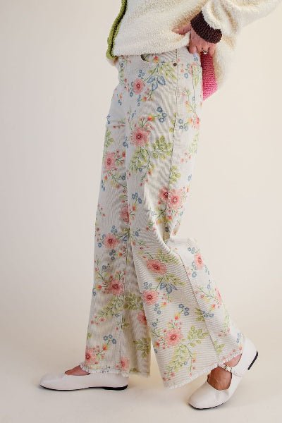 Easel Floral Printed Washed Corduroy Pants - Cowtown Bling N Things