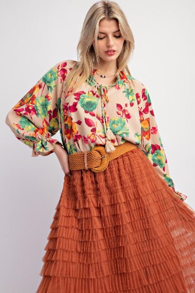 Easel Floral Printed Woven Peach Top | Ruffled Neckline Blouse - Cowtown Bling N Things