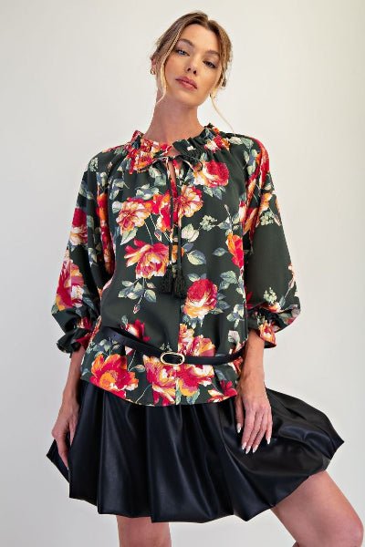 Easel Floral Printed Woven Peach Top | Ruffled Neckline Blouse - Cowtown Bling N Things