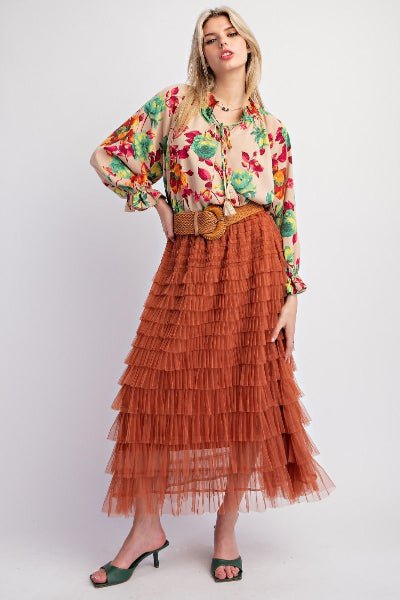 Easel Floral Printed Woven Peach Top | Ruffled Neckline Blouse - Cowtown Bling N Things