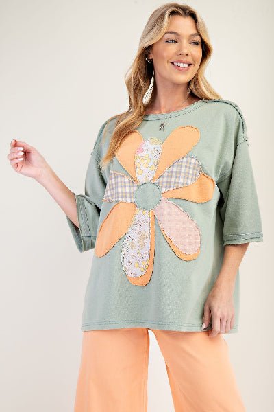 Easel |Flower Patch Mineral Washed Terry Knit Tunic|Sage | S - L - Cowtown Bling N Things