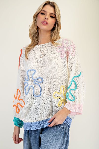 Easel | Flower Patterned Knit Sweater Tunic | Cream | S - L - Cowtown Bling N Things