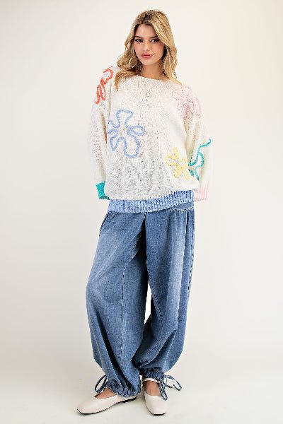 Easel | Flower Patterned Knit Sweater Tunic | Cream | S - L - Cowtown Bling N Things