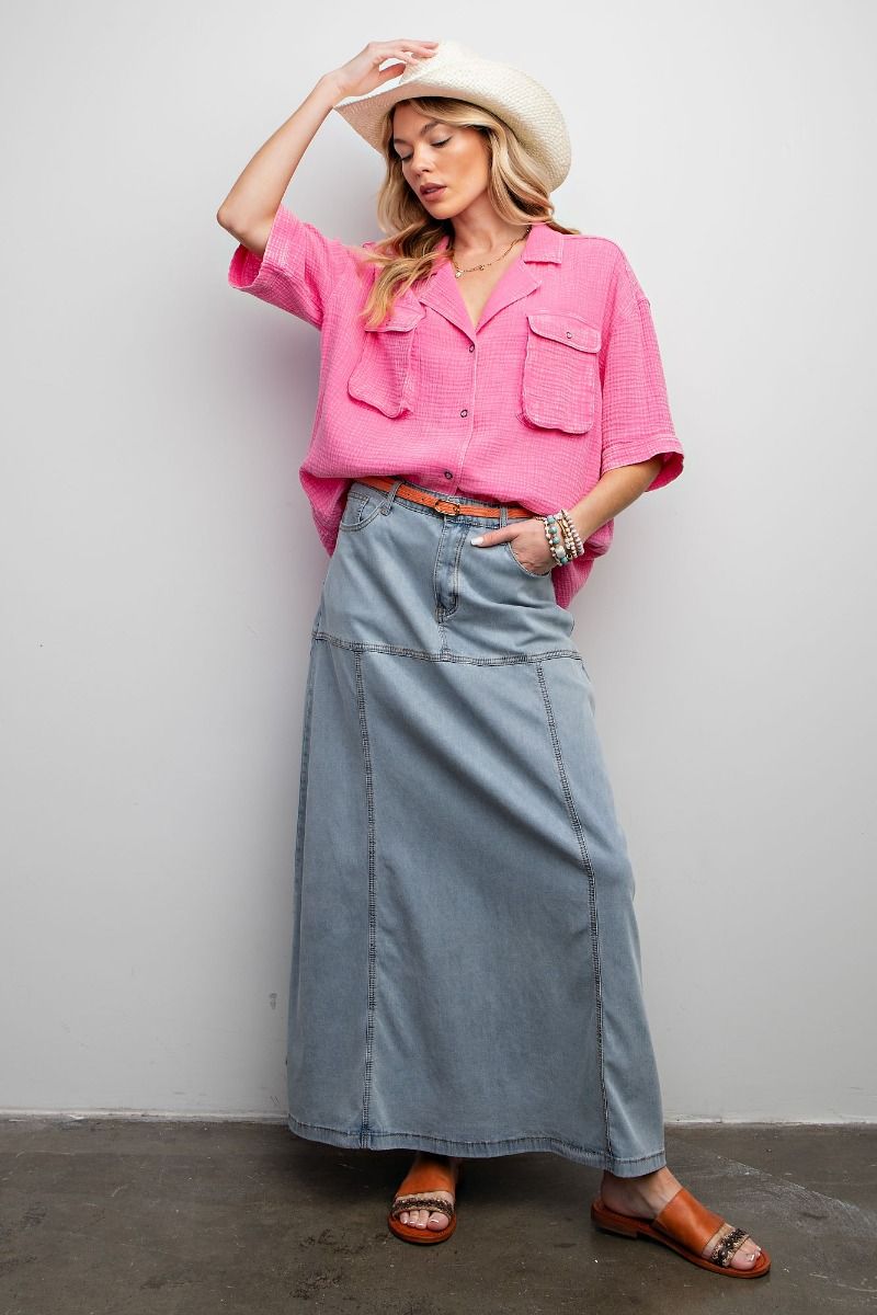 Easel| Mineral Washed Maxi Denim Skirt| Washed Denim|S - L - Cowtown Bling N Things