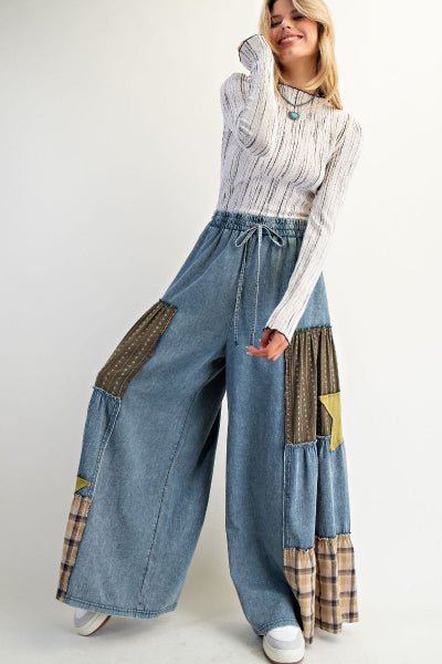 Easel Mixed Print Patchwork Chambray Pants - Cowtown Bling N Things