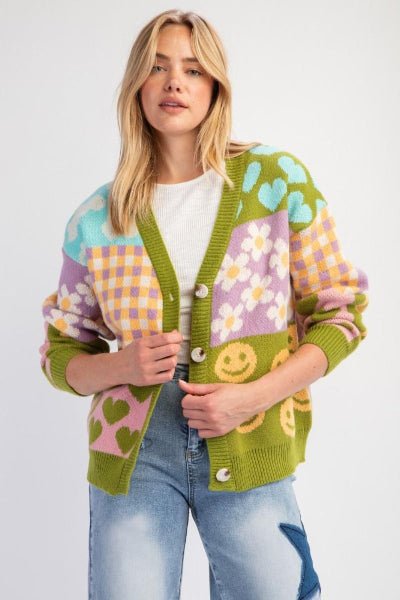 Easel| Patchwork Pattern Knit Sweater Cardigan| Green| S - L - Cowtown Bling N Things