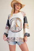 Easel Peace Patch Mixed Print Thermal Waffle Knit Tunic Top - Cowtown Bling N Things