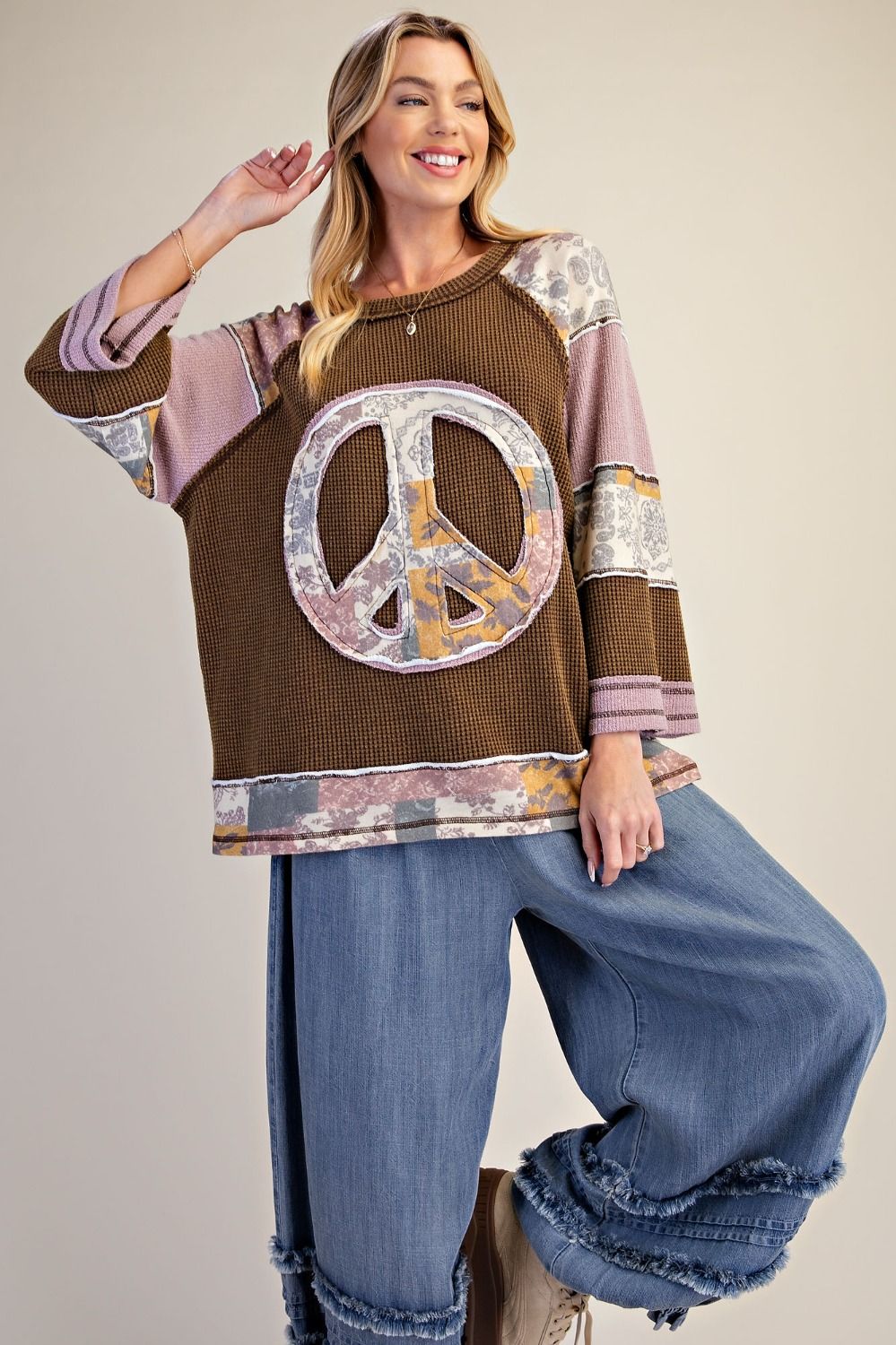 Easel Peace Patch Mixed Print Thermal Waffle Knit Tunic Top - Cowtown Bling N Things