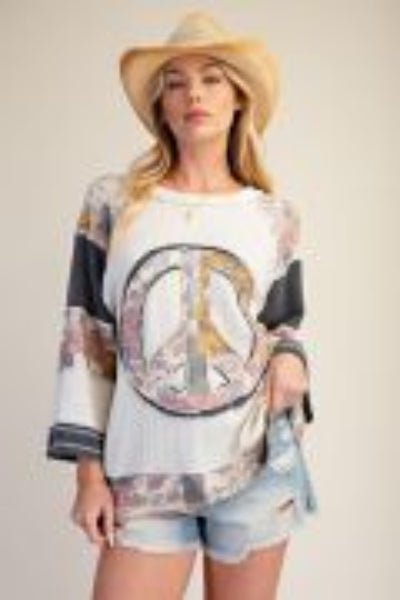 Easel Peace Patch Mixed Print Thermal Waffle Knit Tunic Top - Cowtown Bling N Things