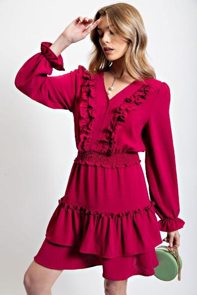 Easel| Poly Crepe Ruffle Dress| Magenta |S - L - Cowtown Bling N Things