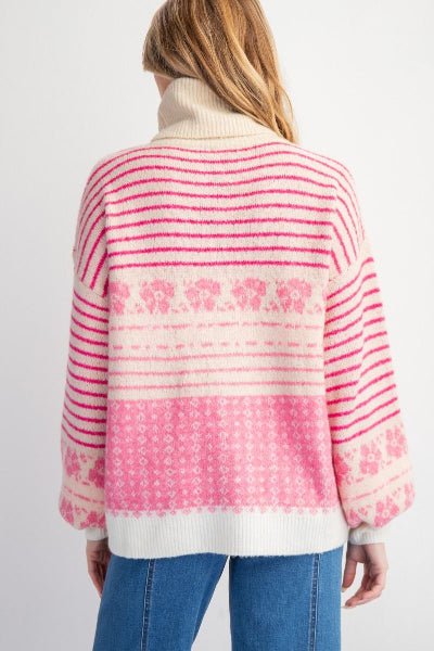 Easel Rose Pink Multi Patterned Knit Sweater Pullover - Cowtown Bling N Things