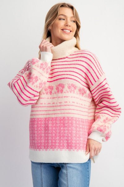 Easel Rose Pink Multi Patterned Knit Sweater Pullover - Cowtown Bling N Things