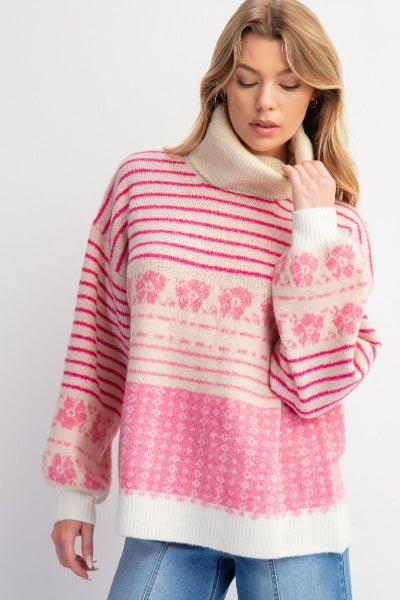 Easel Rose Pink Multi Patterned Knit Sweater Pullover - Cowtown Bling N Things