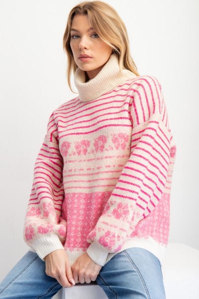 Easel Rose Pink Multi Patterned Knit Sweater Pullover - Cowtown Bling N Things