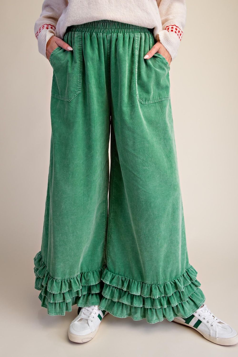 Easel Ruffle Bottom Mineral Wash Pants - Cowtown Bling N Things
