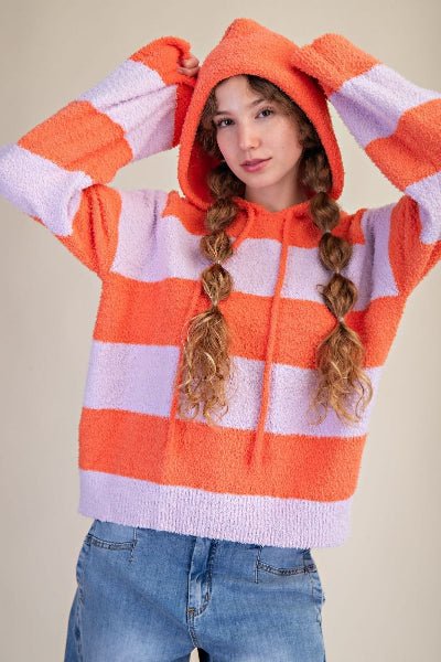 Easel Rugby Stripe Knit Sweater Hoodie | Boutique Cozy Pullover - Cowtown Bling N Things