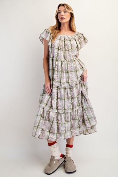 Easel Sage Plaid Tiered Off‑Shoulder Dress | Women’s Cotton Ruffle Midi with Pockets - Cowtown Bling N Things